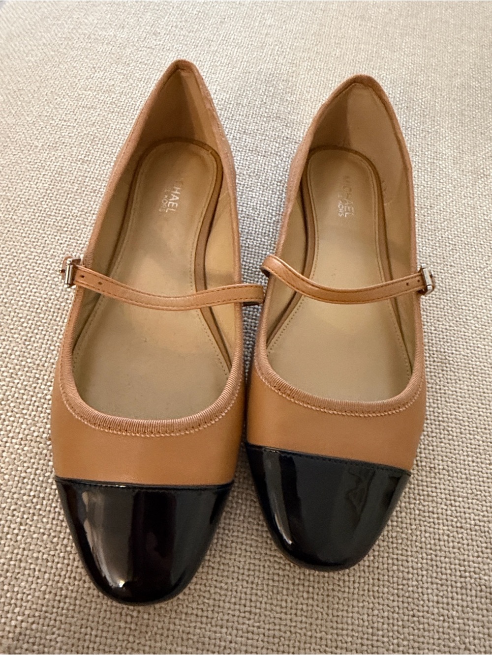 Michael Kors Tan Leather Mary Jane Flats with Black Patent Cap Toe - Picture 8 of 12